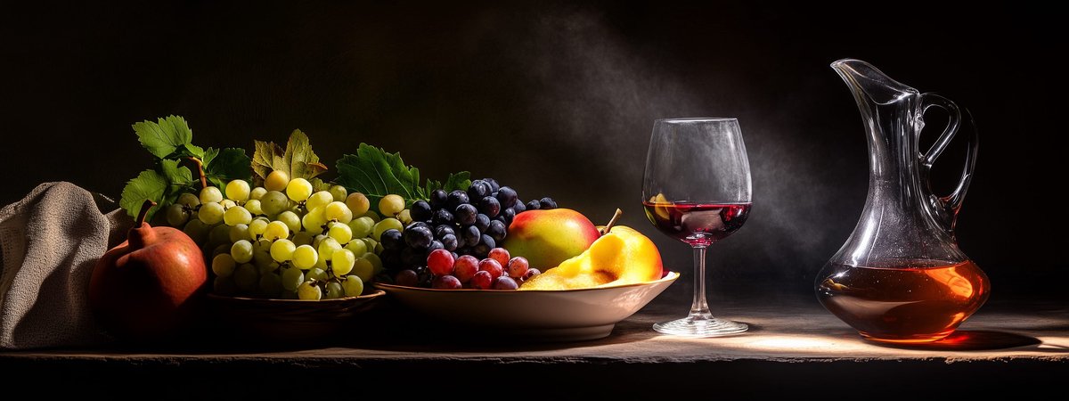 Tuinposter Wijn en Fruit - Eten en Drinken Tuinposters voor Buiten - Tuin decoratie - 610 gram PVC - Weerbestendig Tuindoek - GW5654PVD - Formaat 120 x 45cm