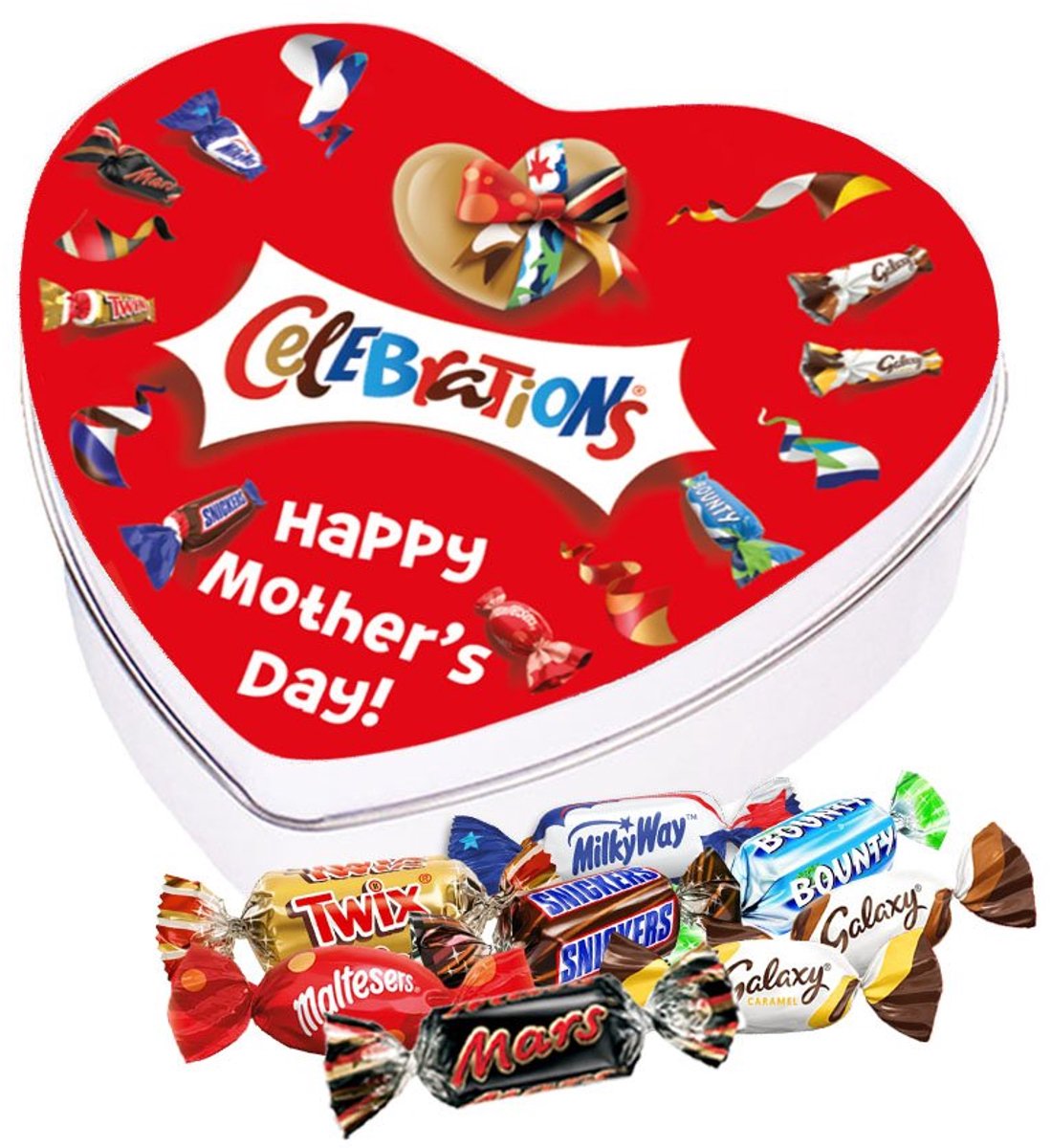 Mars Celebrations geschenkdoos hartje "Happy Mother's Day" - Twix, Snickers, Mars, Bounty, Galaxy, Maltesers, MilkyWay - Moederdag cadeau - 120g
