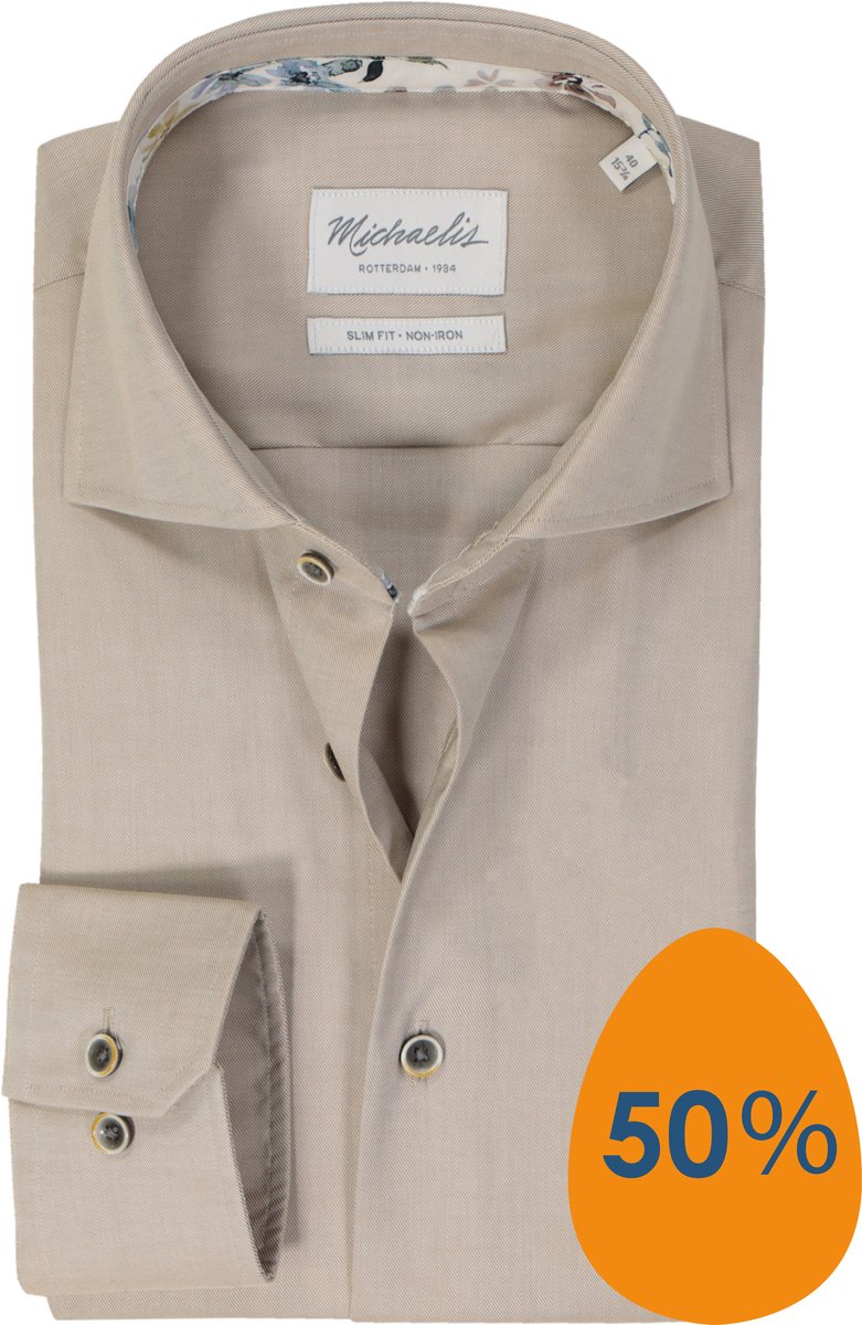 Michaelis slim fit heren overhemd - twill - beige - Strijkvriendelijk - Boordmaat: 42