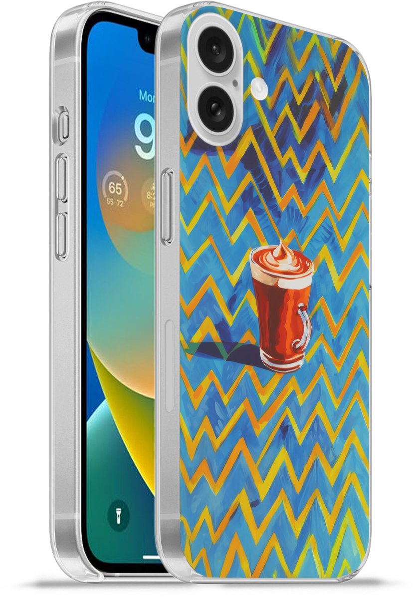 Telefoonhoesje Geschikt voor Apple Iphone 16 Plus hoesje - Mok - Koffie - Zigzag - Slagroom - Siliconen Telefoonhoesje Telefoonhoesje