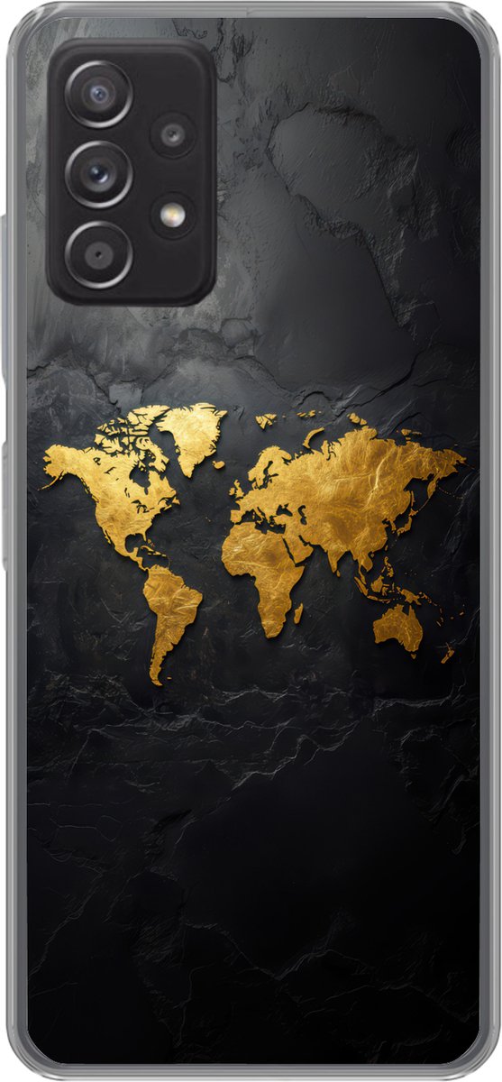 Telefoonhoesje Geschikt voor Samsung Galaxy A53 5G hoesje - Wereldkaart - Goud - Steen - Siliconen Telefoonhoesje Telefoonhoesje