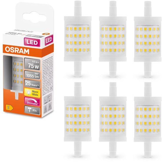 Zes Osram LED R7s lampen met een witte behuizing, naast een verpakking.