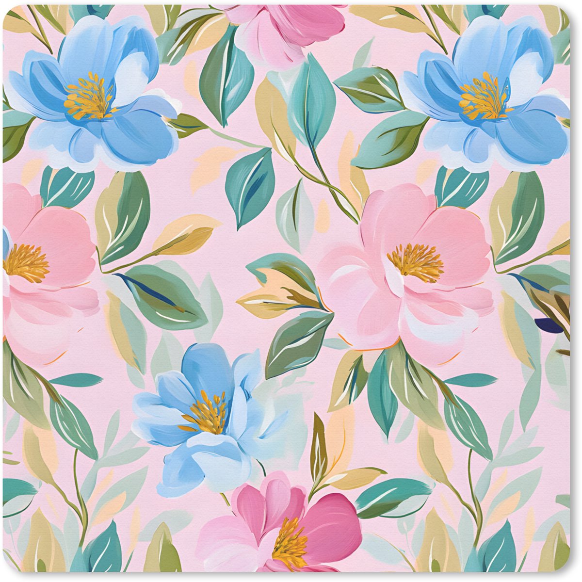 Muismat 30x30 cm - Mousepad Blauw - Roze - Bloemen - Muismatten