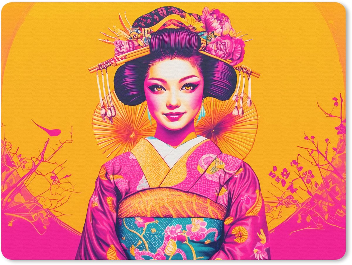 Muismat 23x19 cm - Mousepad Bloemen - Vrouw - Kimono - Roze - Muismatten