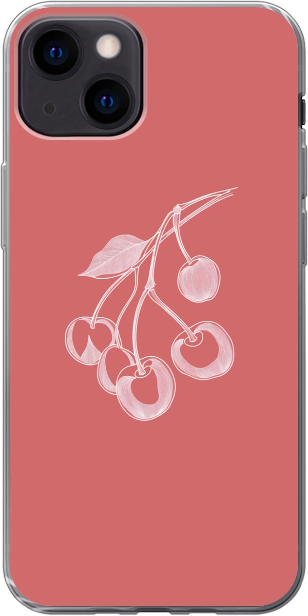 Telefoonhoesje Geschikt voor iPhone 13 hoesje - Lijnillustratie - Kersen - Tak - Wit - Siliconen Telefoonhoesje Telefoonhoesje