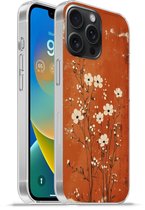 Telefoonhoesje Geschikt voor iPhone 15 Pro Max hoesje - Bloemen - Wit - Subtiel - Roestkleur - Siliconen Telefoonhoesje Telefoonhoesje