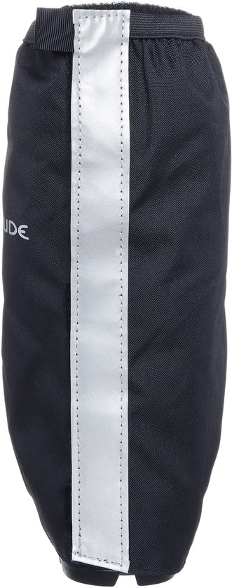 Zwarte fietshoezen met reflecterende streep aan de zijkant en klittenbandsluiting.