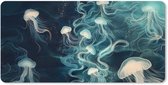 Muismat XXL 120x60 cm - Bureau onderlegger - Bureau mat Kwallen - Zee - Wit - Golven - Bureaumat - Gaming mousepad xl - Bureaulegger groot - Computer deskmat