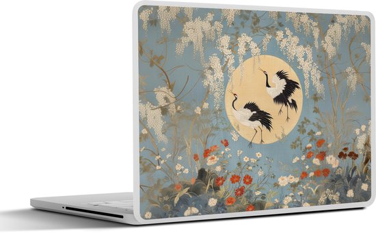 Laptop sticker - 14 inch - Kraanvogels - Maan - Bloemen - Blauw - 32x5x23x5cm - Laptopstickers - Laptop skin - Cover