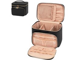 Cosmetic Bag Organizer with Makeup Brush Compartment for Women and Girls - Stylish and Portable with Handle and Divider (Black)