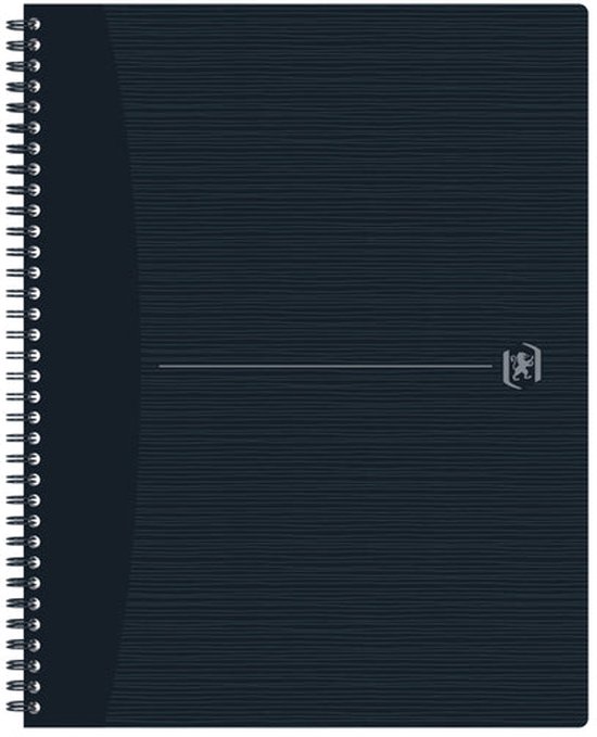 Carnet noir A4+ à spirale, ligné horizontalement avec un logo gris.