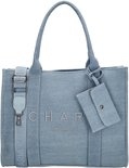 Lichtblauwe denim shopper met 'CHARM LONDON' opdruk, hengsels, afneembare schouderband en een klepje.