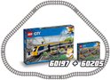 LEGO City trein met gele en grijze wagons en grijze treinrails, met extra losse rails.