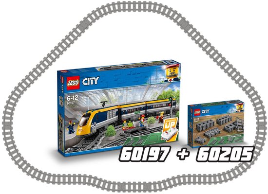 LEGO City trein met gele en grijze wagons en grijze treinrails, met extra losse rails.