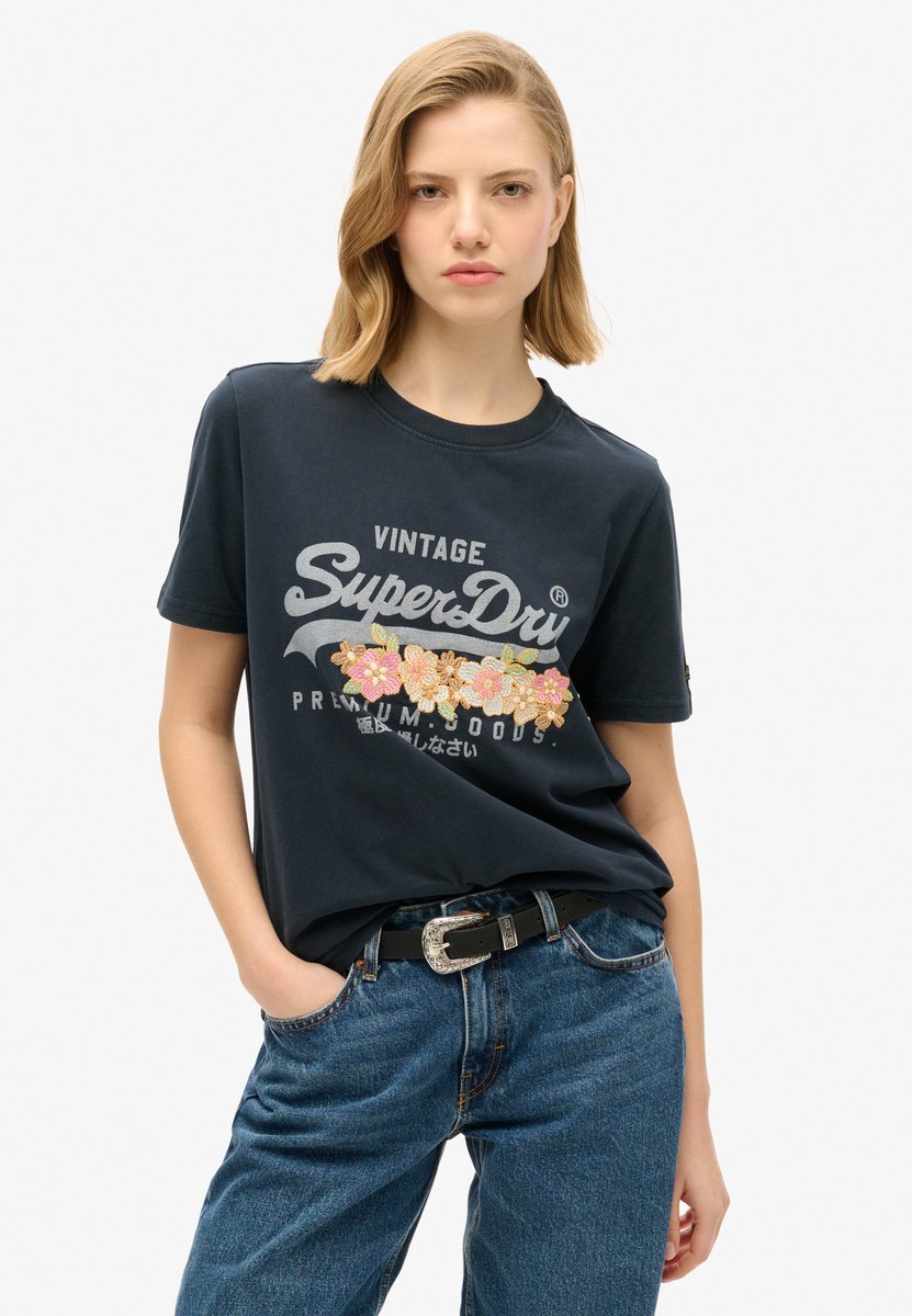 Superdry Premium Goods T-shirt met bloemenprint en vintage logo Dames T-shirts Marineblauw