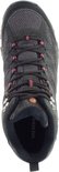 Grijze Merrell wandelschoen met zwarte en rode veters, Gore-Tex logo en Vibram zool.