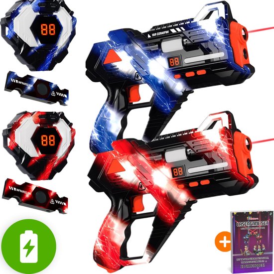 Foto: Oplaadbare lasergame set voor kinderen educatief boekje met strategie n 360 sensoren oplaadbaar 2 persoons laser tag set met 2 blasters en vesten