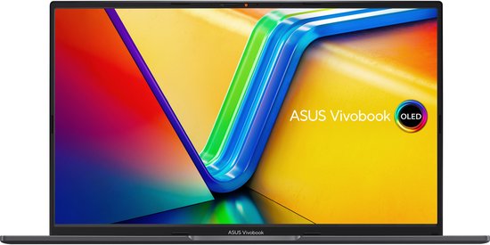 Zwart ASUS Vivobook laptop met een open scherm dat een kleurrijke afbeelding toont. De tekst "ASUS Vivobook OLED" staat op het scherm.