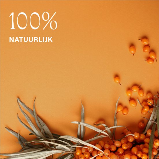 Oranje achtergrond met "100% NATUURLIJK" in witte tekst en duindoornvruchten met takken.