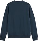 Achterkant van een donkerblauwe sweater met ronde hals, op een witte achtergrond.
