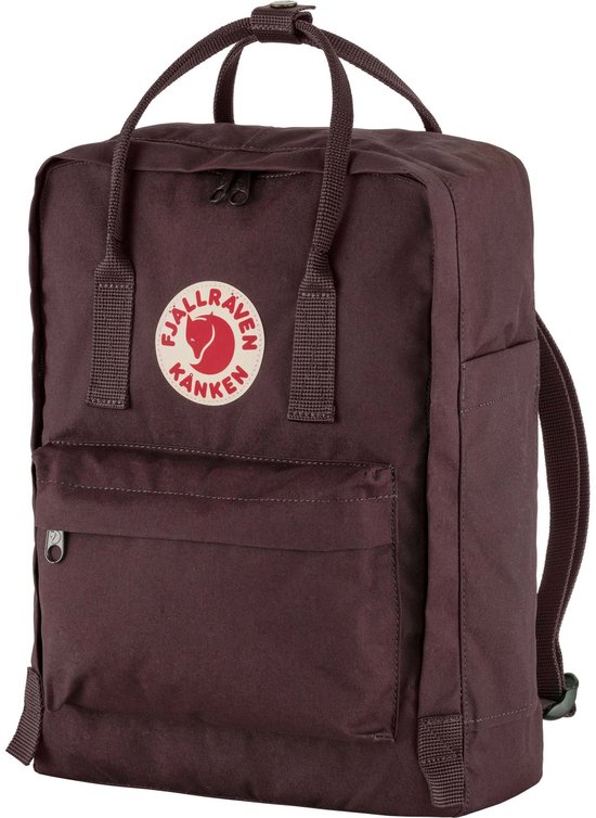 Paarse Fjällräven Kånken rugzak met het logo op de voorkant.