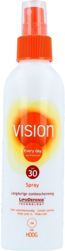 Witte sprayfles met oranje dop. Het label toont een zonsopgang-logo, 'Every day Sun Protection', SPF 30, 'Spray', 'Langdurige zonbescherming' en 'LipoDefense TECHNOLOGY'.
