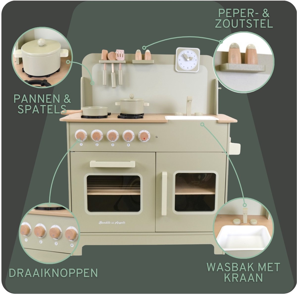 Bandits & Angels Houten Kinderkeuken Chef Deluxe XL Green vanaf 3 jaar voor Jongens en Meisjes - Aanrechthoogte 59 cm - incl. 9 Accessoires - Kinder Keuken Groen - Keukentje Hout — afbeelding 8