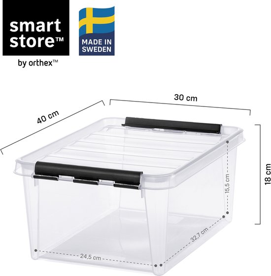 Transparante opbergbox van 40x30x18 cm met zwarte clips en deksel, met afmetingen aangeduid.