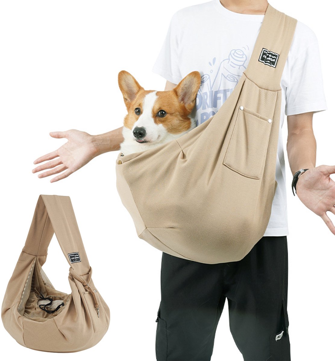 MAGICSHE Hondenrugzak Tot 7Kg - Buikdrager Hond - Netzak Met Trekkoord - Honden Draagzak Voor Op De Buik - Reistas Kat Khaki