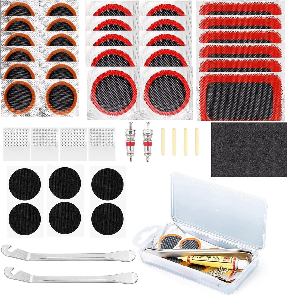 Reparatieset voor lekke banden - 41 stuks reparatiepatches met Crowbar reparatiegereedschap voor fietsbanden, motorfiets en meer