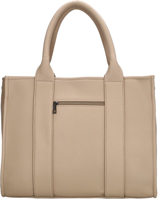 Beige handtas met ritssluiting aan de achterkant en opgestikte verticale banden.