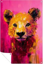 Kleurrijk schilderij van leeuw - Leeuw tuindecoratie - Poster van buiten dier - Expressionisme - Buitenmuurposter - Posters tuin - Tuinposter 60x90 cm
