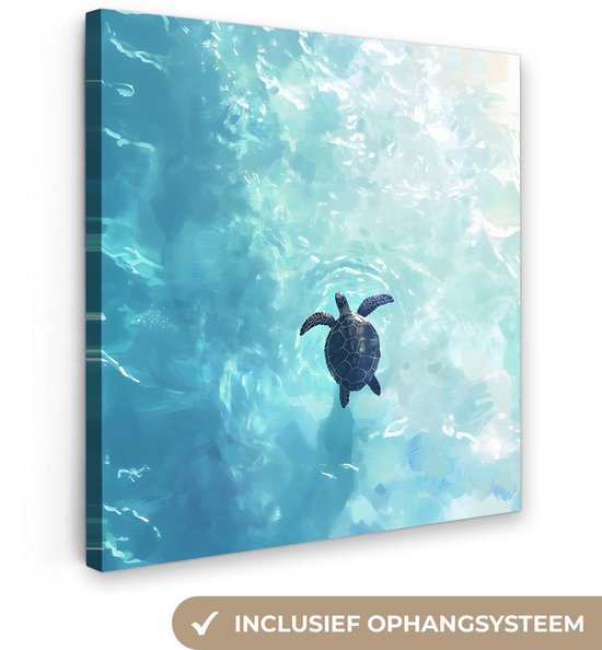 Toile représentant une tortue nageant dans une eau bleue claire, système de suspension inclus.