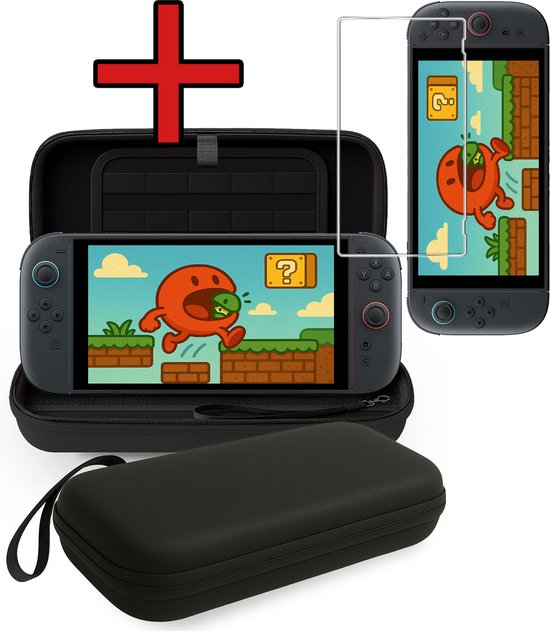 Zwarte hoes voor Nintendo Switch 2, met scherm en game, plus aparte screenprotector.