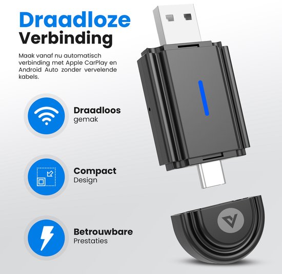 Vendar® Mini 2-in-1 Car Dongle - CarPlay Dongle - Android Auto Dongle - Draadloos CarPlay & Android Auto - Zwart van Vendar — afbeelding 4