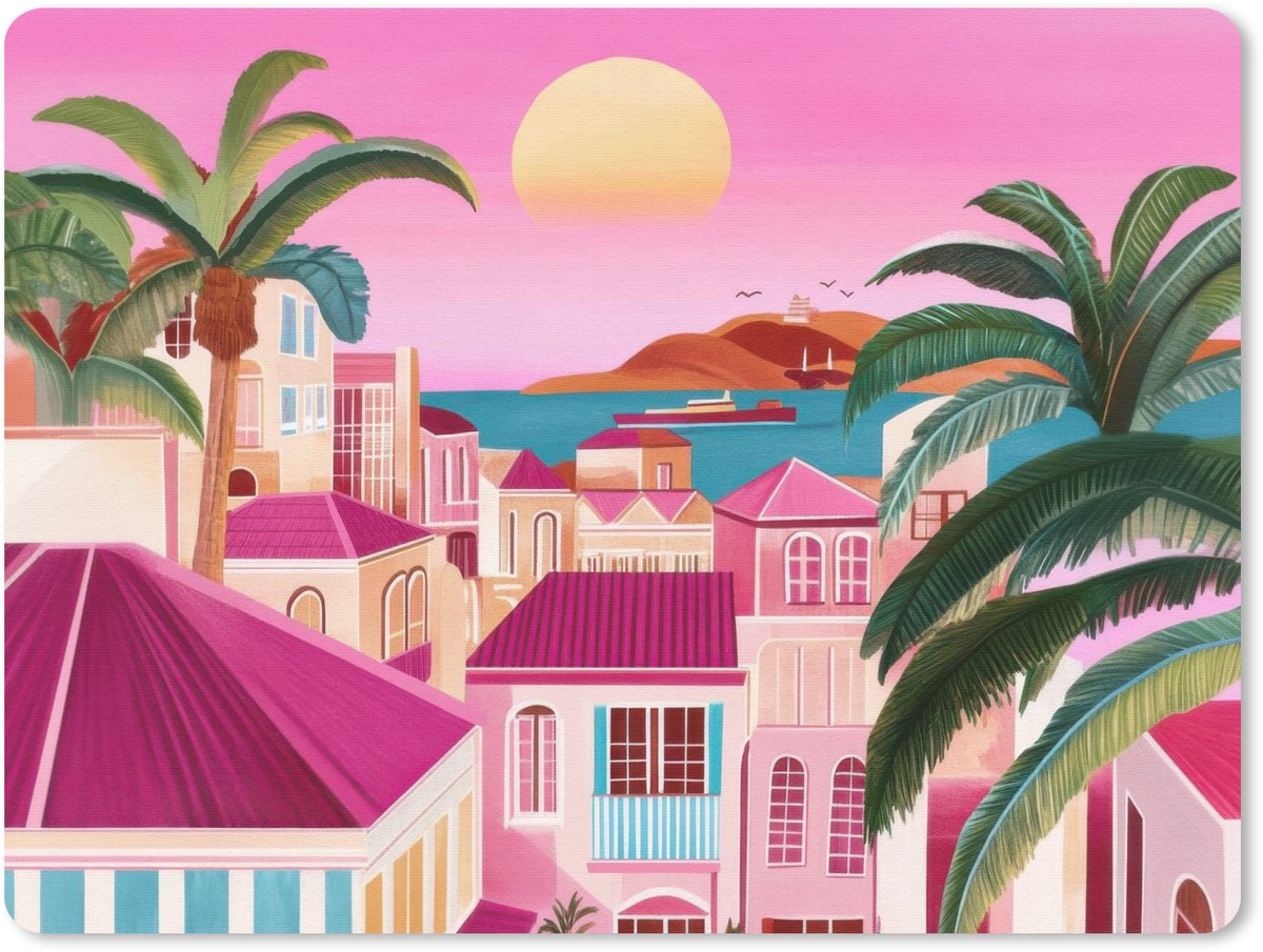 Muismat 23x19 cm - Mousepad Stad - Roze - Palmbomen - Muismatten
