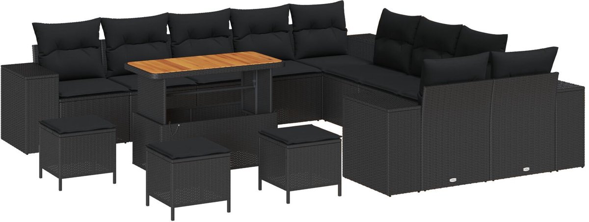 vidaXL - Tuinbank - Set - met - kussen - 13 - pcs - Zwart - poly - rattan