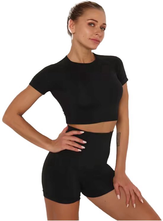 Legging court de sport avec haut court - Haut de sport - Legging court de sport - Sans coutures - Taille haute - Zwart - Taille L (taille petit) - Tenue de sport - Ensemble de sport - Vêtements de sport tendance - CHPN