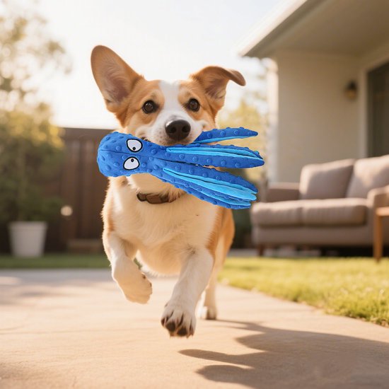 Corgi met blauwe octopusknuffel in de bek, rent buiten op een looppad.