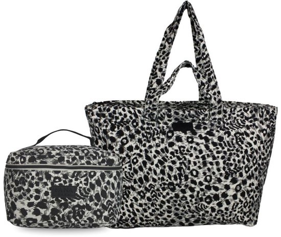 Fana Bags Set de voyage Sac de plage/sac week-end + trousse de toilette - grand cabas/sac de plage imprimé panthère + trousse de toilette assortie