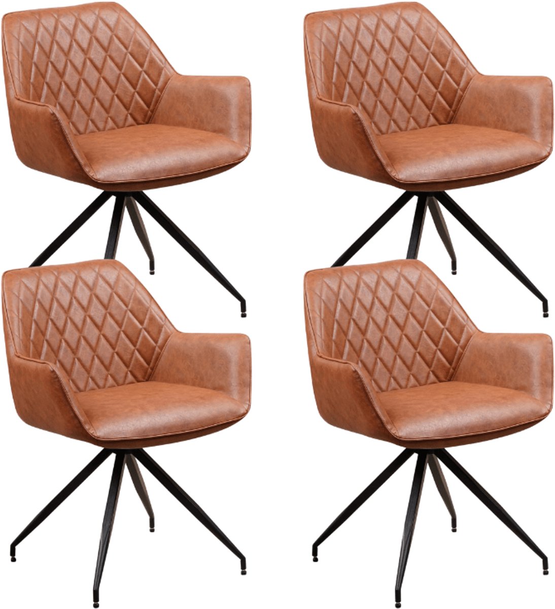 Dimehouse Set van 4 Industriële Eetkamerstoelen Gian Cognac - Met Armleuningen - Kunstleer - Industrieel
