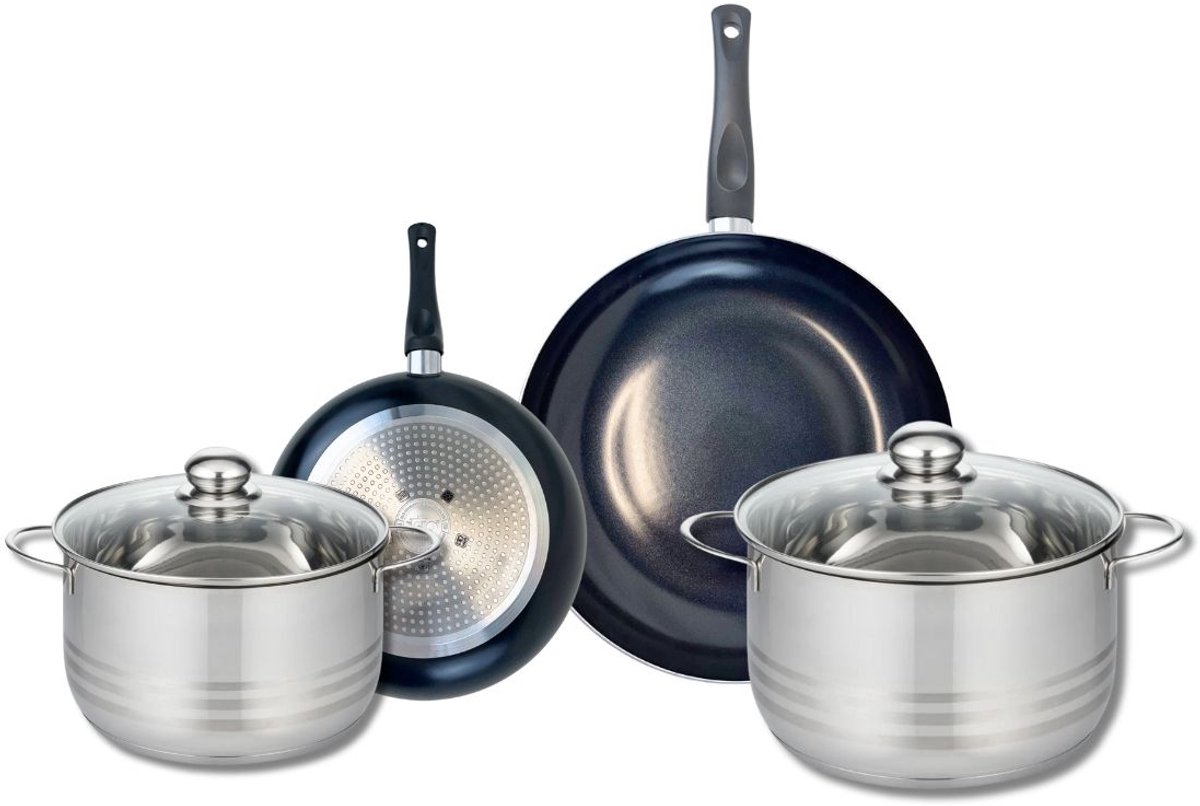 Set van 2 Koekenpannen 20 en 28 cm en 2 Kookpotten 20 en 24 cm Elo Prima Glanzend