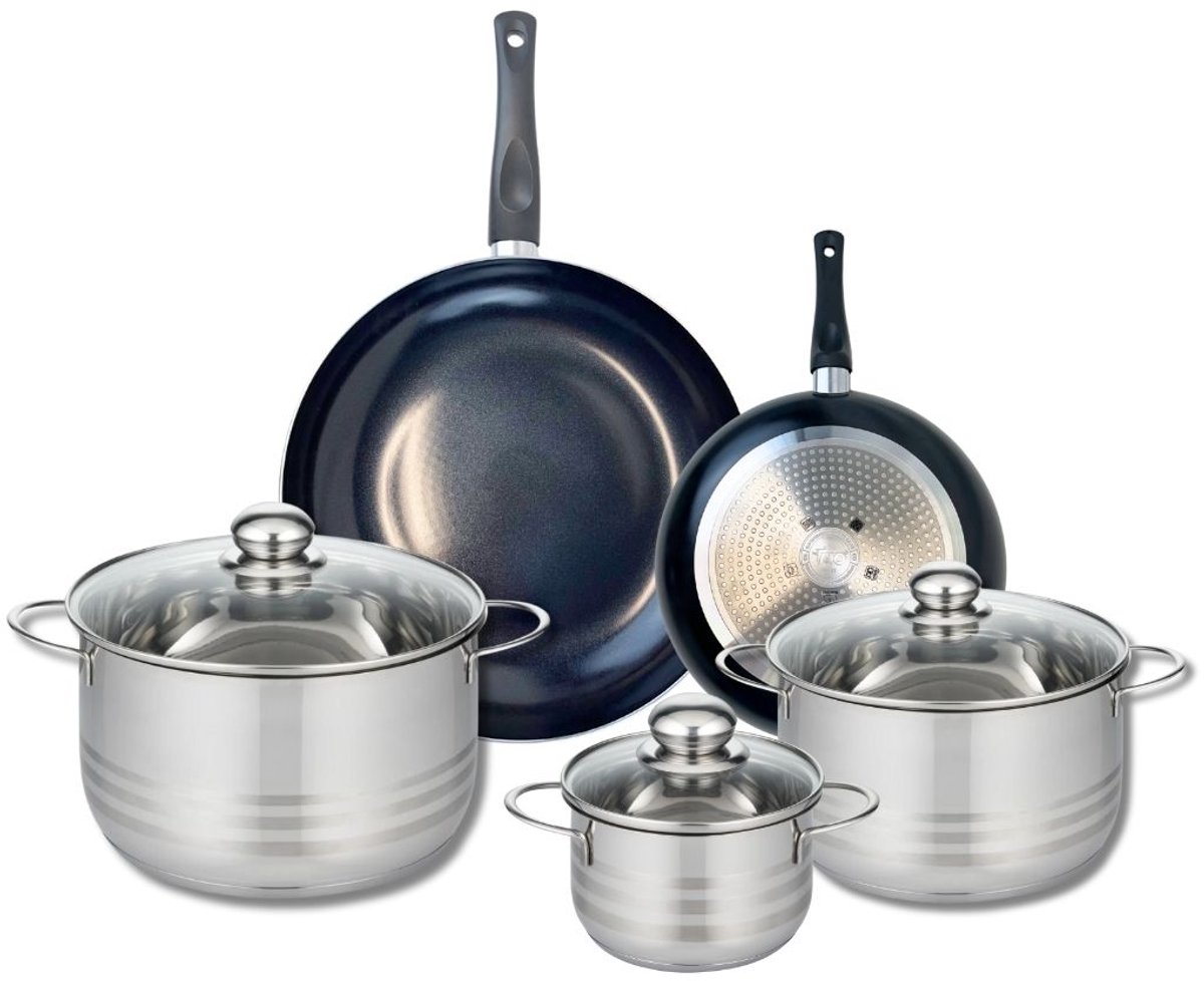 Set van 2 Koekenpannen 20 en 28 cm en 3 Kookpotten 14, 20 en 24 cm Elo Prima Glanzend