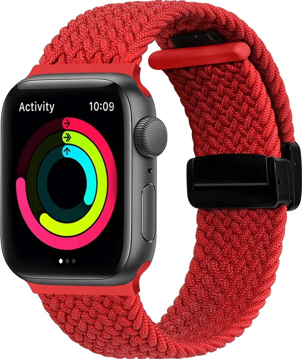 Mobigear Nylon Watch bandje geschikt voor Apple Watch Bandje Magneetsluiting | Mobigear Braided Mag - 42/41/40/38 mm - Rood