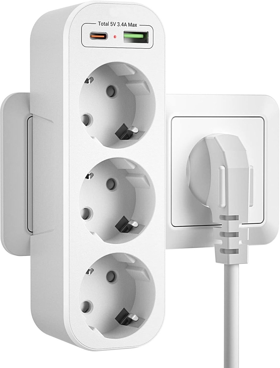Stopcontact Splitter met USB-laadpoorten – 5 in 1 Meervoudige Stekker met Kinderslot