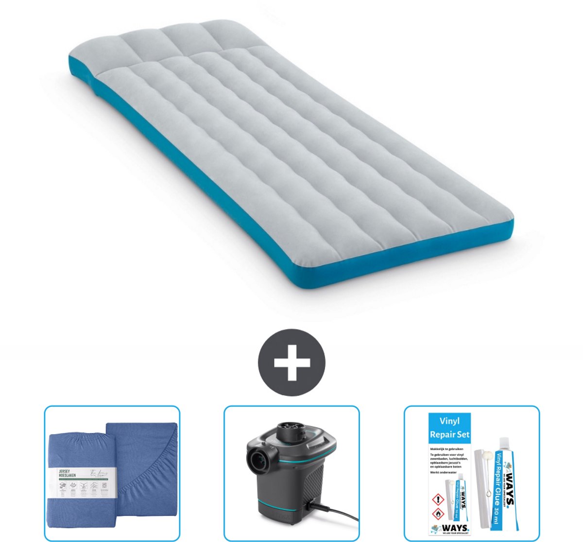 Intex Campingmat - Twijfelaar - 72 x 189 x 20 cm - Blauw - Inclusief Hoeslaken - Pomp en Reparatieset