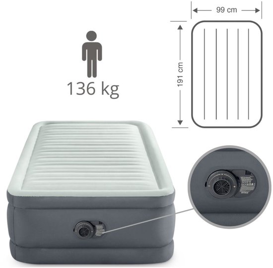 Intex Luchtbed - 1-Persoons - 99 x 191 x 46 cm - Grijs - Inclusief pomp en Hoeslaken van Intex — afbeelding 4
