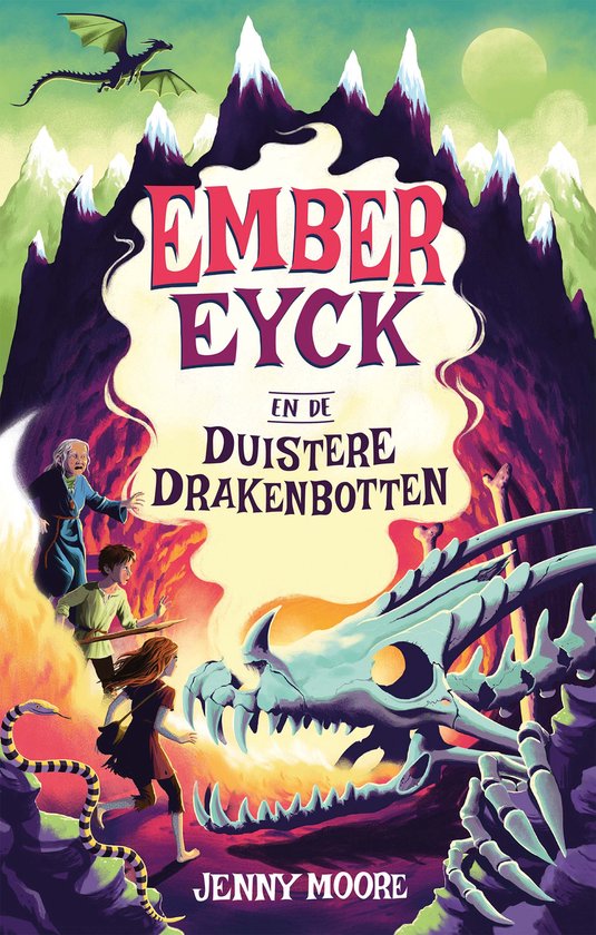 Boekomslag met Ember Eyck, de duistere drakenbotten, een draak, bergen en vuur.