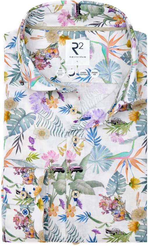 R2 Shirt Linen/Cotton Flower Print Multicolour - Maat XXL - Heren - Overhemden Casual