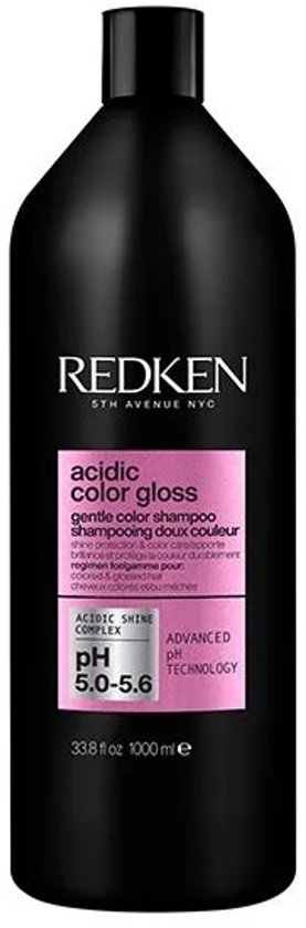 Flacon noir de shampooing Redken Acidic Color Gloss avec étiquette rose. Contient 1000 ml.